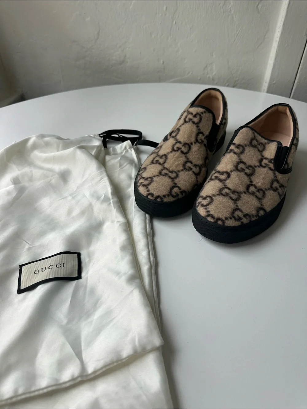 Gucci Beige GG Wool Slip-On Loafers with Black Trim
